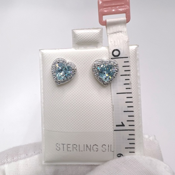 .925 Sterling Silver Aquamarine Cz & Clear Cz Heart Earrings - Picture 11 of 16